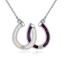 POPLYKE Opal Double Horseshoe Necklace for Women Sterling Silver Lucky Necklace Charm Horse Jewellery Gifts, Sterling Silver