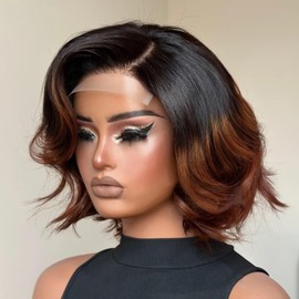 Ombre Brown Layered Wig Side Part Short Wave Bob Human Hair Wig For Black Women 13x6 Invisible HD Lace Front Wig Pre Plucked 1B33 Colored Brazilian Remy Hair Bleached Knots 150% Density 8Inch