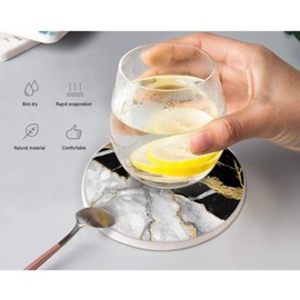 Black and Gold Marble Style Coasters with Holder,Absorbent Coaster Sets of 4,Cork Base，Ceramic Drink Coaster for Tabletop Protection,Suitable for Kinds of Cups,Wooden Table,4 Inches