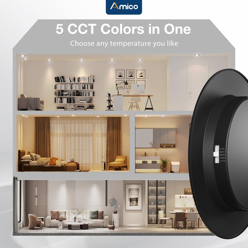 Amico Recessed Lighting 5/6 Inch, 1 Pack 5CCT Flat LED
