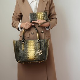 MKF Collection Women Satchel Bag, two-tone Crocodile Embossed Vegan leather Crossbody Handbag Top-Handle Purse by Mia K