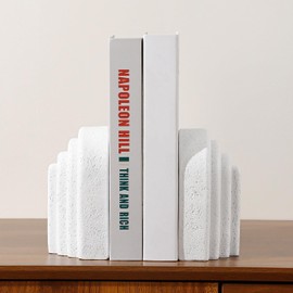 Heavy Duty Book Ends for Shelves, Decorative Bookends for Heavy Books, Set of 2 Modern Aesthetic Book Ends for Bookshelf, Shelves, Office Desk, Home Decor, Resin, Layered Arch Shape (White)