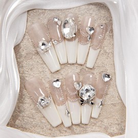 Press On Nails Set, Burgundy and Nude with Gold Glitter, Butterfly Design, Rhinestone Accents, 10 Pieces (Green Cat's Eye, Short)