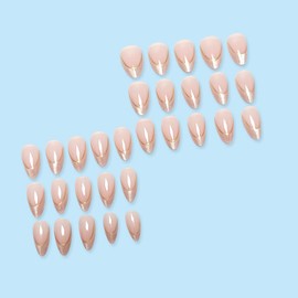 French Tip Press on Nails Medium Almond Fake Nails Shining Tip False Nails with Gold Line Designs Nude Pink Glue on Nails Summer Stick on Nails Full Cover Cute Acrylic Nails Glossy Artificial Nails
