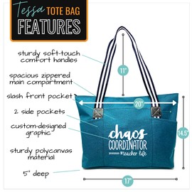Brooke & Jess Designs Chaos Coordinator Teacher Tote Bag for Work - Teal Zipper Handbag Gifts for Women, Best Teacher Appreciation Gift