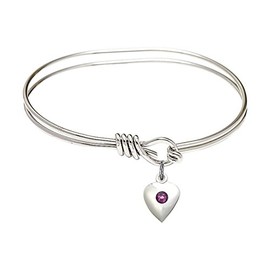 5 3/4 inch Oval Eye Hook Bangle Bracelet w/Heart medal charm w/February Purple Crystal