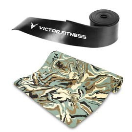 Victor Fitness Green-Brown Camo Yoga Mat TPE VYBC2 + Black Floss Band, Anti-Slip High-End Thick and Durable TPE Yoga Mat with Travel Straps Included + Tack and Flossing Band - Essential for Muscle Recovery and Mobility (Black)