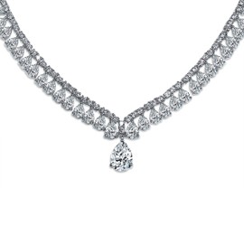 Vintage Style Fashion Bridal AAA CZ Solitaire Drop Multi Teardrop Statement Collar Tennis Necklace Chandelier Dangle Earrings Clip on Jewelry Set for Women Wedding Prom Pageant Silver Plated