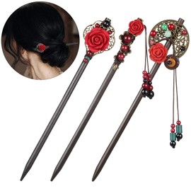 Yaazi 3 Pieces Japanese Chinese Hair Stick Retro Wooden Hairpin Flower Hair Chopsticks Handmade Wooden Hair Stick Classic Hair Chopstick Hair Pins for Long Hair