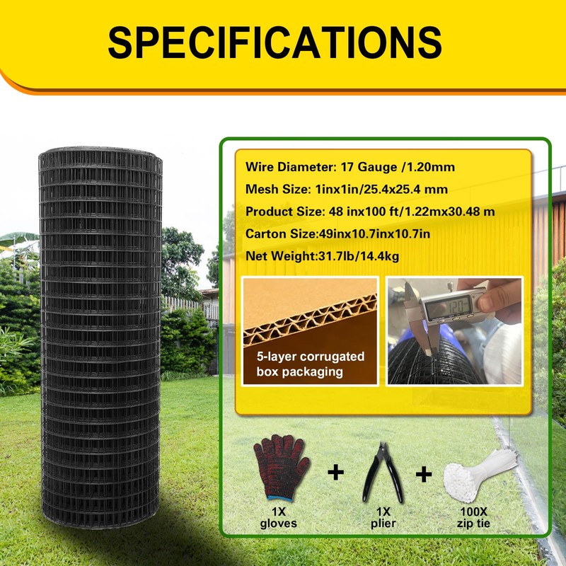 Wirewonders Black Hardware Cloth 1inx48inx100ft, Chicken Wire Fencing, 19Gauge, Vinyl