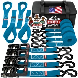 Vehiclex Motorcycle Ratchet Tie Down Straps with Soft Loops - 4PK Heavy Duty 1.5" x 8ft Kit, 4,400 lb Breaking Strength for Powersports, Blue