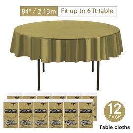 Eleclassi Gold 12 Pack Premium Round Disposable Tablecloth - 84 Inch Round Plastic Table Cloths for Parties