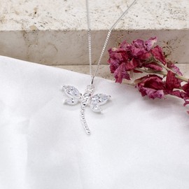 Tuscany Silver White Cubic Zirconia Dragonfly Pendant on Adjustable Curb Chain Necklace of 41-46 cm/16-18 Inches