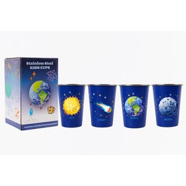 Zorythm 4 Pack 12 oz Stainless Steel Kids Cups, Children's Pint Cups, Stackable Metal Cups for Children and Toddlers, Shatterproof Drinking Glasses for Home, Camping, Party (Blue)