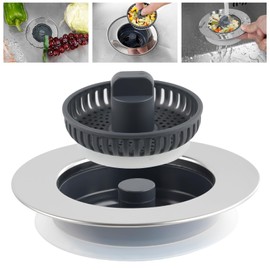 iFealClear Kitchen Sink Drain Strainer Stopper, Stainless Steel Wrapped Pop Up Sink Stopper Strainer Basket for Standard 3-1/2 Inch Kitchen Sink, 3-in-1 Kitchen Sink Drain Stopper, Chrome