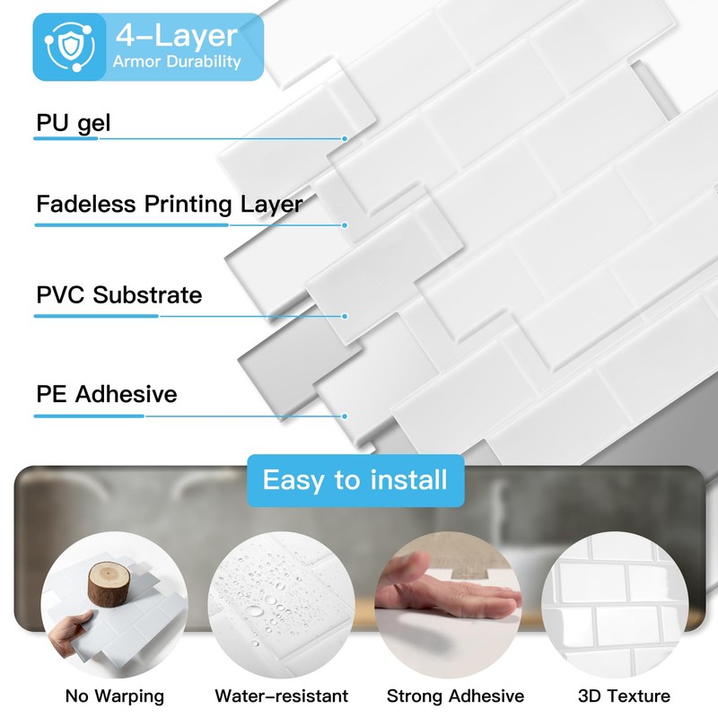 Art3d Peel and Stick Backsplash Tiles – 12"x12" White Washed