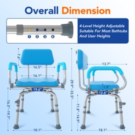 360° Swivel Shower Chair for Inside Shower - Adjustable Shower Seat with Pivoting Arms & Padded Bath Seat for Bathtub, Rotating Bathtub Shower Chair with Arms for Elderly & Disabled, 330 LBS Capacity