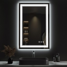 VanPokins LED Mirror for Bathroom, 24x36 Inch Gradient Front and Backlight LED Bathroom Mirror, 3 Colors Dimmable CRI>90 Double Lights, Enhanced Anti-Fog, Hanging Plates Wall Mount Lighted Mirror