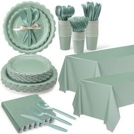 Ziliny 352 Pcs Sage Green Party Supplies Serve 50 Guests Sage Green Disposable Party Tableware Paper Scalloped Plates Cup Napkin Plastic Cutlery Tablecloth for Birthday Wedding Bridal Baby Shower