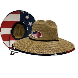 Men's Outsider Lifeguard Wide Brim Beach Sun Straw Hat (USA Flag)