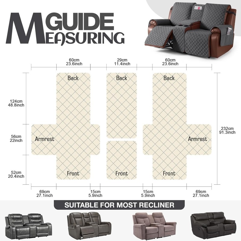 KinCam 100% Waterproof Recliner Loveseat Cover with Console, Non-Slip Reclining