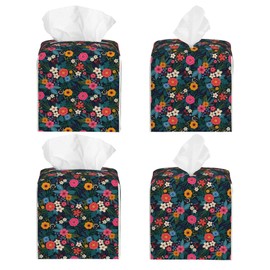 POIUBLE Colorful Flowers and Leaves Tissue Box Cover Leather Tissue Box Holder Square Facial Paper Organizer Dispenser for Bathroom Kitchen Bedroom Vanity Countertop Night Stands