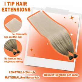 Sunny I Tip Hair Extensions Human Hair Ombre Blonde I Tip Hair Extensions Ash Blonde Ombre Platinum Blonde Balayage Itip Human Hair Extensions Ombre Itip Hair Extension for Women Itips 20in 50g 50s