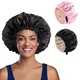 KinHwa Satin Bonnet Silk Soft and Comfortable Silk Sleep Cap Silk Hair Wrap for Women Curly Natural Hair 13.4x13.4 inches Black+Pink (Pack of 2)