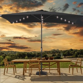 Rectangular Outdoor Market Patio Umbrella With Solar Lights 9 Ft Crank Lift & Push Button Tilt Jet Black Color | Anti Rust Sturdy Powder Coated Frame | All Weather Water Proof Stable Air Vent