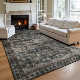 Zarvenda 4x6 Area Rug for Bedroom Machine Washable Non Slip Vintage Rugs, Low Pile Lightweight Floral Chenille Print Rug for Kitchen, Dining Room, Home Office, Dorm, Farmhouse Brown/Green/Multi