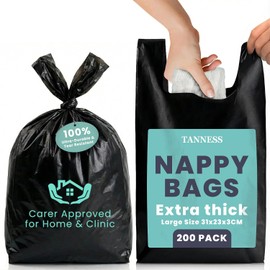 Tanness Adult Nappy Bags – 200 Pack, Extra-Thick Disposable Sacks with Tie Handles, Odour-Free and Discreet Black Sanitary Disposal Bags