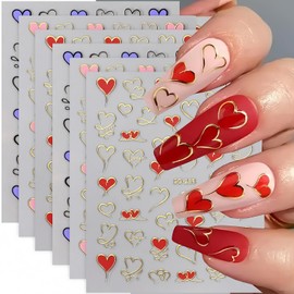 6 Sheets Heart Nail Art Stickers for Acrylic Nails Valentine's Day Heart Nail Decals 3D Self-Adhesive Blue Pink Red Gold Heart Love Nail Sticker Holiday Nail Art Designs for Women Girls DIY Charms