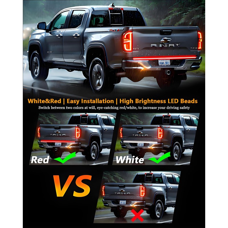 60inch Truck Tailgate Light Strip Bar, White/Red Reverse Light Brake
