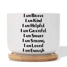 DecStic I Am Brave,I Am Kind,I Am Helpful,I Am Grateful,I Am Smart,I Am Strong Planter Ceramic Bible Verse Round Flower Pot with Drainage Holes and Bamboo Tray Pot for Home Desktop Office