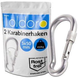 Toldoro® Niro AISI 316 V4A Stainless Steel Carabiner with Screw Cap 50 mm Rustproof / Small Carabiner Hook for Swing, Hammock or Sun Sail / Screw Carabiner Set