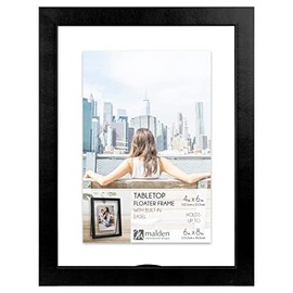 Malden International Designs 6x8 Black Floating Glass Picture Frame Displays up to 6x8 pictures or photos perfect for a 4x6 Metal easel back for vertical display
