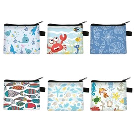 Fubuuf Sea Animal Purse Women's Set of 6 Small Purses Cute Coin Bags with Zip, Mini Purse Portable Coin Purse for Cosmetics, Keys, Cards - Ocean Motifs, Colourful, Modern