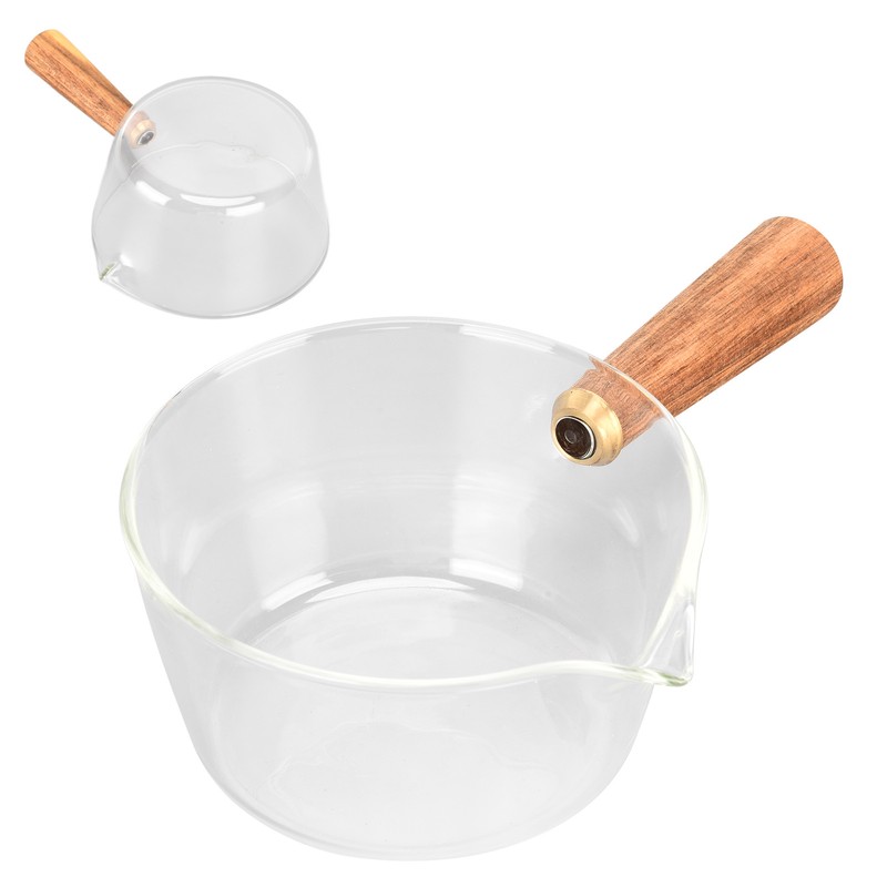 Glass Milk Pot with Wooden Handle V Shaped Spout Noodles