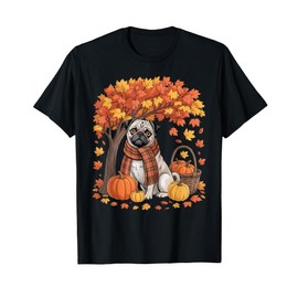 Pug Fall Scarf Pumpkin Autumn Leaves Thanksgiving T-Shirt