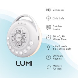 LUMI | Portable White Noise Machine | Baby Sleep Aid with 24 Sounds | White Noise Baby | 3 Lighting Modes | Memory Function | 30, 60, 90 Minute Timer | Sleep Aid for Adults, Children & Babies