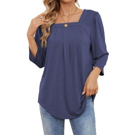 Blusas de manga 3/4 para mujer, estilo casual, plisado, cuello cuadrado, blusas holgadas, Azul oscuro, Large