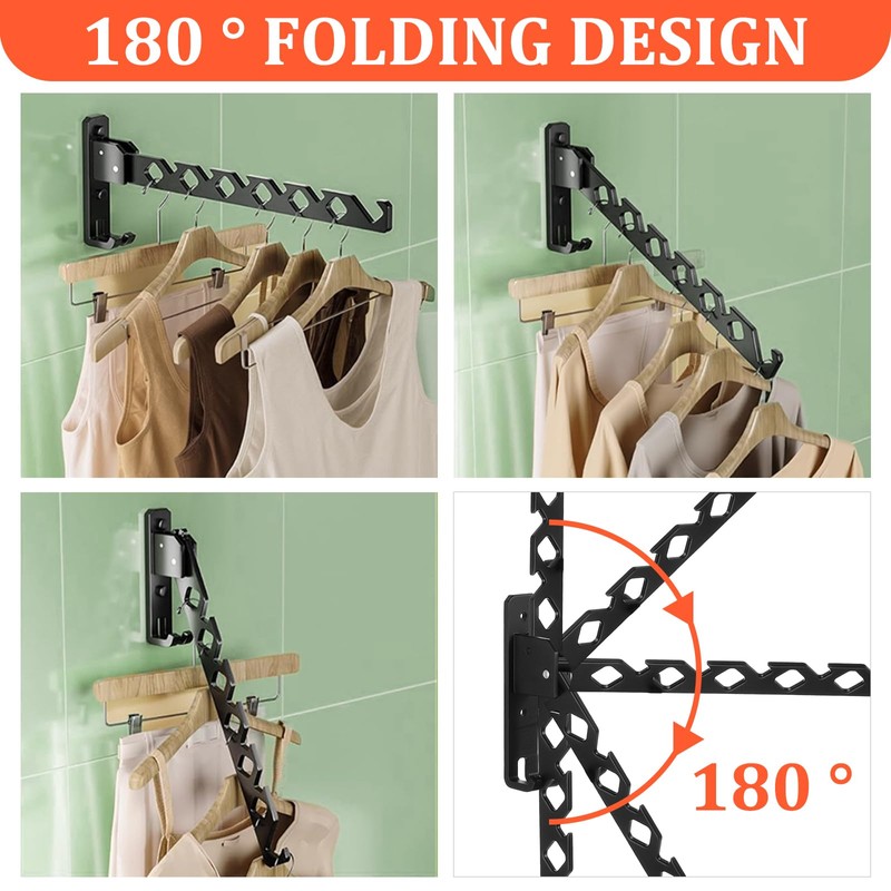 2 Pack Wall Mount Coat Hanger Holder Black Clothes Drying