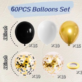 Black Gold White Balloons, 60pcs 12 Inch Black and Gold Balloons Metallic Gold Balloons Gold Black Confetti Balloons with Ribbons for Anniversary Congratulations Graduation Happy Birthday Decorations