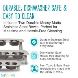 Messy Mutts Elevated Double Feeder with Stainless Bowls | Adjustable Height 3”, 5”, or 10” | Adjustable Standing Feeder for Dogs | 5 Cups per Bowl | Dark Grey