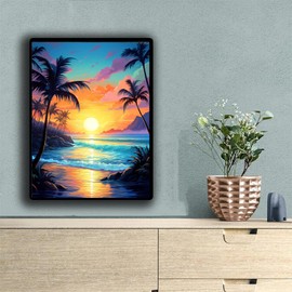 5D Diamond Art Painting Kits Sunset Coconut Tree, DIY Diamond Art Sea Scenery Kits Paint with Diamonds Full Round Drill Crystal Rhinestone Embroidery Used for Home Office Wall Decor 12x16inch/30x40cm