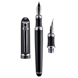 Lanxivi Duke D2 Fountain Pen Black Silver Trim Fine Nib with Additional Fude Nib (Bent Nib) and Converter Calligraphy Art Pen Set