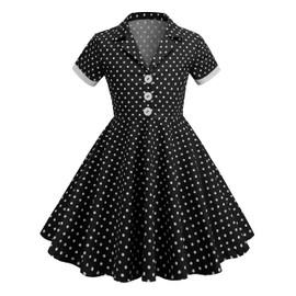 IWEMEK Girls Short Sleeve Notch Lapel Vintage V-Neck Cocktail Swing Dress Buttons Retro 1950s Polka Dot Kids Audrey Hepburn Rockabilly Pleated A line Tea Party Black-Lapel 8-9 Years