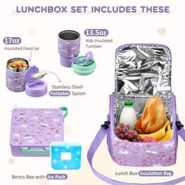 Pawtong Lunch Box Set with Bento Box Container, 17OZ Stainless Steel Food Soup Thermo, Kids Water Bottle & Portable Insulated Lunch Bag, Leakproof, Hot/Cold Retention for School, Travel (Purple-Horse)