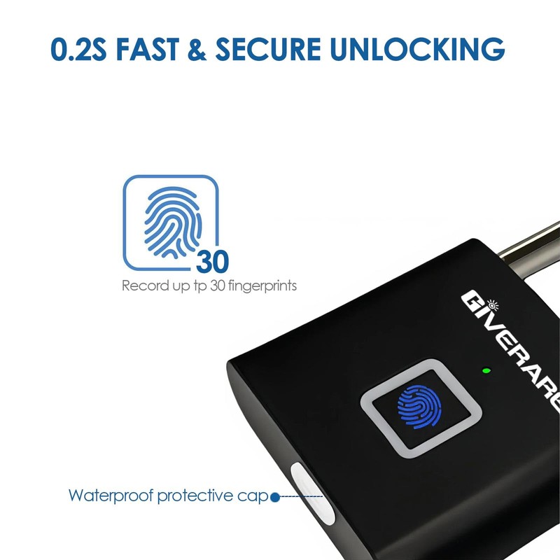 Fingerprint Smart Padlock, Biometric Metal Keyless Thumbprint Lock Alloy, USB