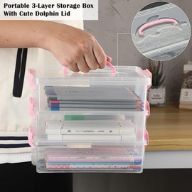 BTSKY 3 Layers Dolphin Clear Plastic Pencil Box - Multipurpose Pencil Case Craft Storage Containers with Lid & Handle, Easy Carry & Stack Crayon Boxes Office Supplies Storage Organizer, Pink